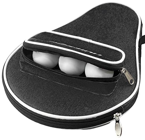Pssopp Tischtennisschläger-Abdeckung, wasserdichte Tasche mit Balltasche, Innenfutterschutz, Oxford-Stoff + Schwamm für Einzelschlag + 3 Tischtennisbälle (Schwarz)