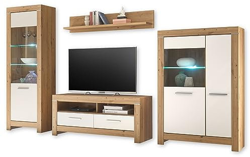 BALIN Wohnwand Komplett-Set in Artisan Eiche Optik, Weiß - Moderne Schrankwand mit LED-Beleuchtung für Ihr Wohnzimmer - 325 x 197 x 45 cm (B/H/T)