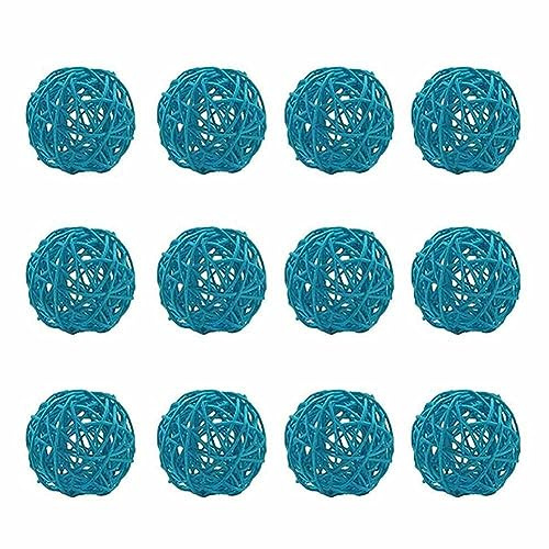 SHTGOI Lot de 12 boules en rotin de 3 cm - Boules décoratives en rotin - Jouets naturels - Ornement pour panier de table, plafond, mur, créativité des enfants, jouets pour animaux de compagnie - Bleu