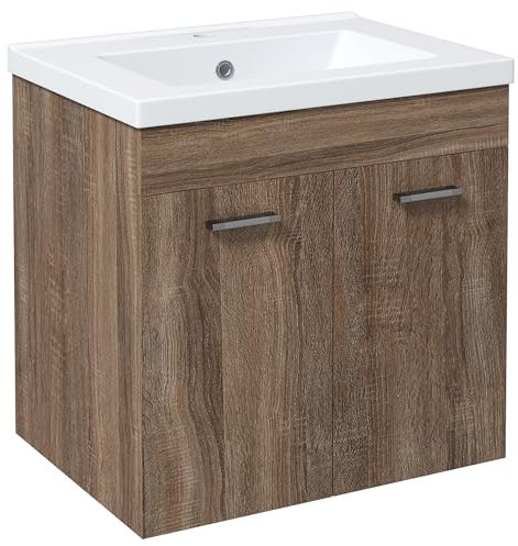 kleankin Mobile lavabo sospeso mobile lavapani con lavabo in ceramica armadio portaoggetti 60 x 45,5 x 60 cm, marrone chiaro