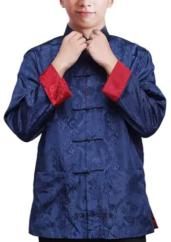 Men's Tang Suit Jacket Dragon Chinese Traditional Frog Button Long Sleeve Stand Collar Coat Kung Fu Wing Chun Uniform (Blue/Red, L)