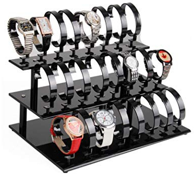 3-Tier Watch Stand Holder Removable 24 Acrylic Watch Jewelry Display Rack Watch Display Rack Organizer for Men and Women (Black)