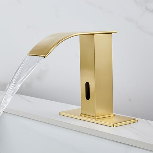 Touchless Bathroom Faucet Touchless Bathroom Sink Faucet with Control Box, Automatic Sensor Vanity Faucets and Temperature Mixer Hole Cover Plate for Easy Installation (Waterfall, Gold)