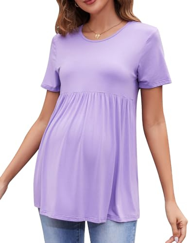 Brynmama Maglietta da maternità Carina Estate Maniche Corte Top Casual con Volant Peplum per Lavoro Viola, M