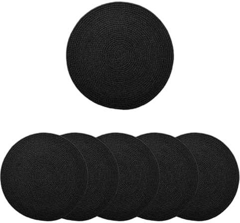 Encasa XO Esszimmer - Tischsets Set aus 6 | Runde Baumwoll-Platzsets - 33 cm Durchmesser | Schwarz | Handgefertigter Rippstil | Handgefertigter geflochtener Stil, rutschfestes, flaches Design, maschinenwaschbar, Tischschutz, 6 Stück