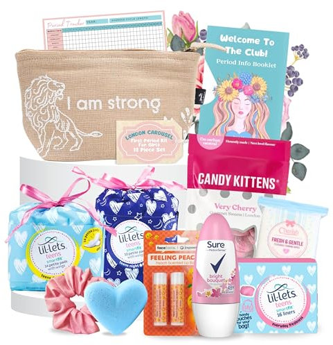 First Period Kit for Girls Bundle with Lil Lets Teen Pads, Night Pads, Teen Liners, Self Care Products, Candy Kittens, and London Carousel Period Tracker with Sanitary Pad Storage Bag
