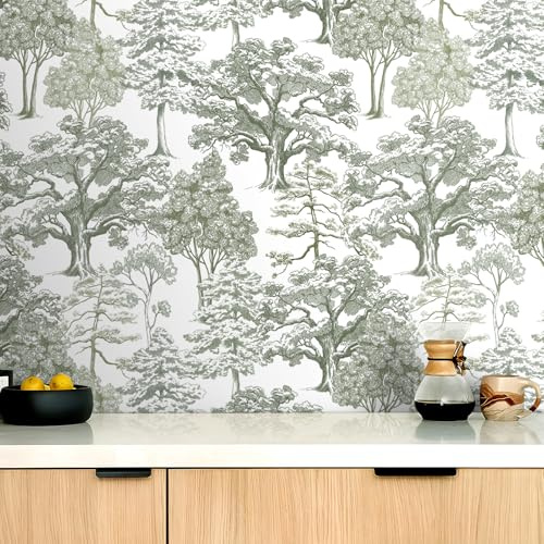 Livelynine Tapete Selbstklebend Wald Hellgrün Weiß Wandtapete Selbstklebend Schlafzimmer Bad 44.5CMx7M Möbelfolie Selbstklebende Grün Grau Muster Fototapete Selbstklebende Pflanze Baum Mustertapete