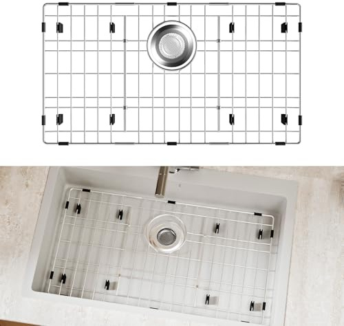 DPZM Grille d'évier en acier inoxydable de 66 x 36 cm pour évier de cuisine, protection d'évier avec drain arrière pour bol d'évier simple, grille inférieure d'évier, grille d'évier pour fond avec