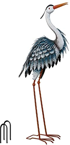 TERESA'S COLLECTIONS Garden Decor Blue Heron Sculptures & Statues,24.5 Coastal Metal Heron Decoy for Outdoor Outside Vivid Bird Metal Yard Art Cranes Patio Pond Pool Lawn Decorations,Gift for Mom