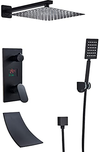 asdchZen Système De Douche À Effet Pluie avec Affichage Numérique À LED Et Ensemble De Robinet De Douche Noir avec Bec De Baignoire en Cascade, Ensemble De Douche Mural Combiné,8 inch