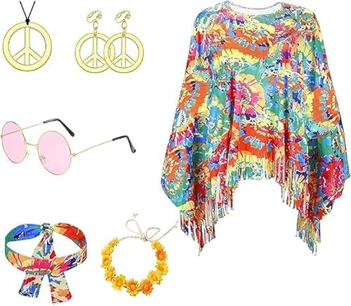 HYDTQCL Hippie Kostüm Damen Set, Faschingskostüme Damen Hippie, mit Halskette, Stirnband, Ohrringen und Brille, Flower Power Kleidung damen, 70er Jahre Kostüm Damen