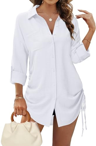Tanmolo Bluse Damen Longbluse V-Ausschnitt Hemdbluse Langarm Tunika mit Kordelzug Lässiges Langarmshirt zum Knöpfen Casual Aufrollen Tops Weiß L
