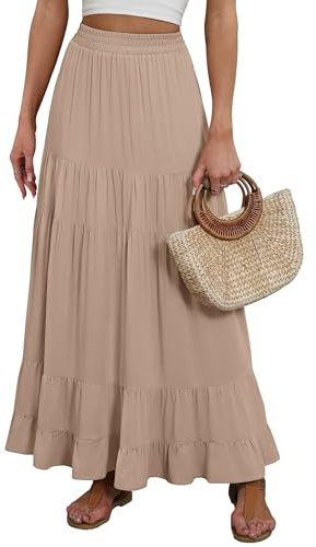 ANRABESS Womens Maxi Skirt Elastic High Waist Swing Tiered A-line Flowy Pleated Boho Beach Vacation Long Skirts Tan Brown X-Large