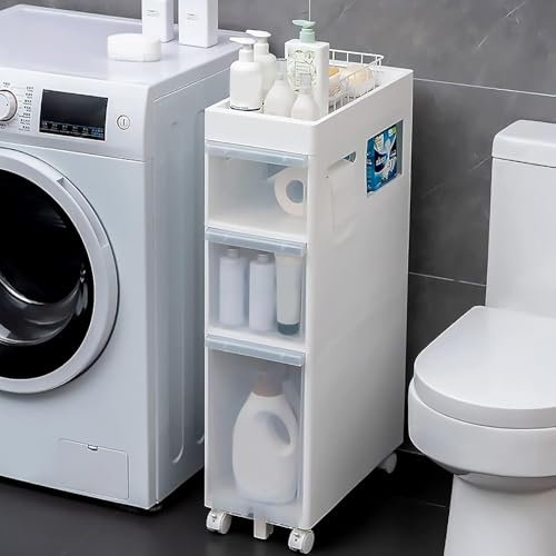 MEWVABKW Lagerschrank Badezimmer-Lagerschrank Schmaler freistehender Toilettenpapier-Lagerschrank, 2/3/4 durchsichtige Schubladen und Rollen Schmaler Lagerschrank Wasserdichter schmaler Kommodenturm