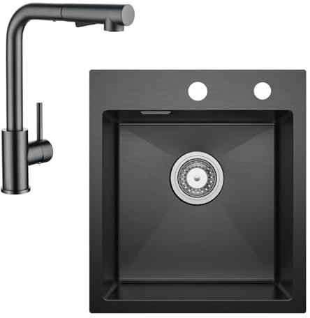 Fregadero de acero inoxidable 40 x 45 cm antracita + grifo de cocina extensible, juego completo de fregadero de cocina CECIPA cuadrado empotrable pequeño para armario bajo de 40 cm