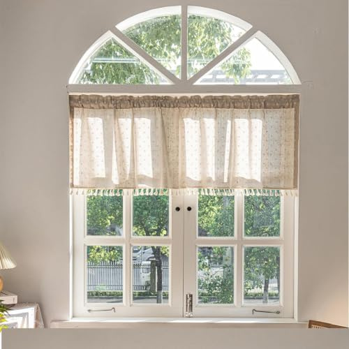 NSXIN Scheibengardine Halbtransparent Bistrogardine Blumen Küchengardinen Landhausstil Gardinen Quasten Vorhänge Kurz für kleine Fenster Küche Wohnzimmer (Weiße Chrysantheme,150cm*61cm)