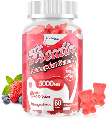 Truvenzara Kreatin-Gummies Komplex 5000mg pro Portion, 5-in-1-Formel mit Taurin & Vitamin B6, Kaubares Creatin-Monohydrat für Männer und Frauen, Beerengeschmack, Vegan (60 Stück (1er Pack))