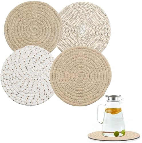 Hinapan 4 Stück Untersetzer für Geschirr (20 cm), Natürliche runde Platzdeckchen aus Baumwolle, hitzebeständig und saugfähig, für Töpfe, Tassen und Teller, Rustikale Küchendekoration (Beige)