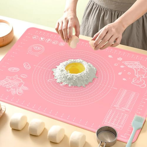 Silicone Pastry Mat 70x50 cm Extra Thick Non Stick Baking Mat with Measurements and Edge Heightening, Food Grade Silicone Rolling Dough Board for Pastry, Bread, Cookies, Pizza, Fondant, Pasta -Pink