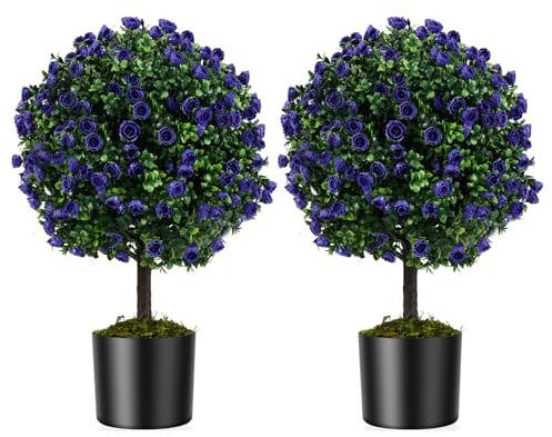COSTWAY Juego de 2 Árboles Artificiales de Rosa Púrpura en Bola Topiaria, Árbol Falso de Buxus de 55 cm con Maceta Rellena de Cemento, Planta Artificial para Interiores y Exteriores