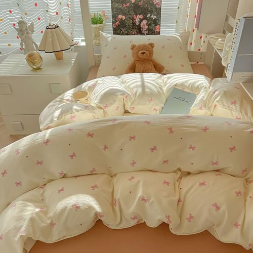 Covebett Bettwäsche 135x200 2teilig Mädchen Beige mit Rosa Schleifen Herzen | Bettwäsche-Sets, Schleifenmuster, Cute, Microfaser Bettbezug Set, Aesthetic, Oeko-TEX, Reißverschluss, 1 Kissenbezug 80x80 cm