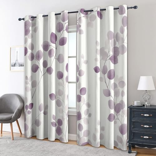 Leaf Curtains Bedroom, 46 x 90 - Plant Purple Blackout Curtains & Decor, Living Room, Eyelet Patterned Window Drapes, 90 Inch Drop 2 Panels （PUI93）