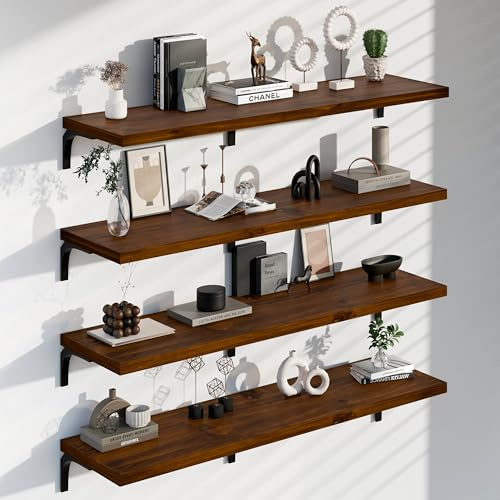 TEDIDUWA 12 Inch Deep Floating Shelves Set of 4, 60 Inch Extra Long Walnut Solid Wood Wall Shelves, 5ft Heavy Duty Farmhouse Wall Mounted Shelving for Kitchen, Living Room & Bedroom