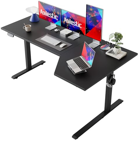 Agilestic elektriskt ståbord, L-format 160 x 90 cm höj- och sänkbart skrivbord, sit-stand-skrivbord för hemmakontoret, ergonomiskt lyftbart datorskrivbord med skarvbräda, svart