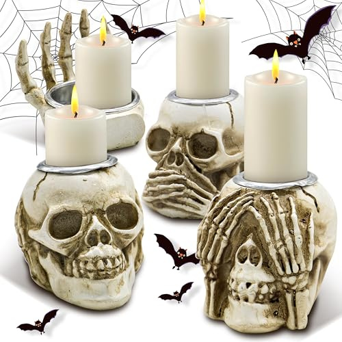 HOLILURE 4 Stück Schädel Kerzenständer aus Kunstharz Schädel Teelicht Kerzenhalter Deko Set Dekorative Kerzenhalter für Halloween Party Tisch Heimdekoration