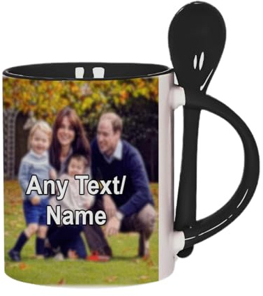 Personalised with Your own Text/Image/Any Name Mug with Spoon – Colour Inside Coffee Cup – Gift for Him, Her, Friends, Family. (Black)