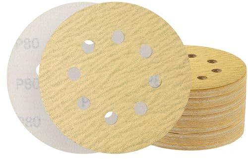 50PCS 125mm 8 Hole Sanding Discs 80 Grit Round Sandpaper Hook and Loop Pads Yellow Random Orbital Sander Sandpaper for Wood Metal Plastic