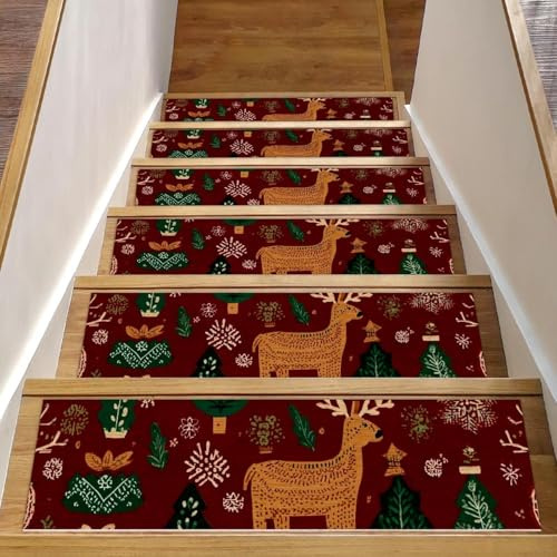 Tappetini antiscivolo per scale, confezione da 15 pezzi, 20,3 x 76,2 cm, lavabili in lavatrice, per interni, gradini in legno, motivi natalizi con sfondo rosso