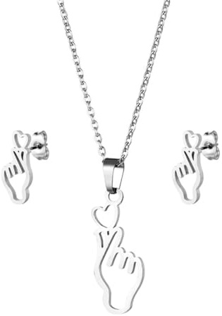 AEIXYA 3 Pièces Set Kpop Collier Boucles D'Oreilles Pour Femme En Argent Avec Pendentif En Forme De Cœur En Acier Inoxydable - Cadeau Pour Les Fans, Concert, Rentrée Des Classes