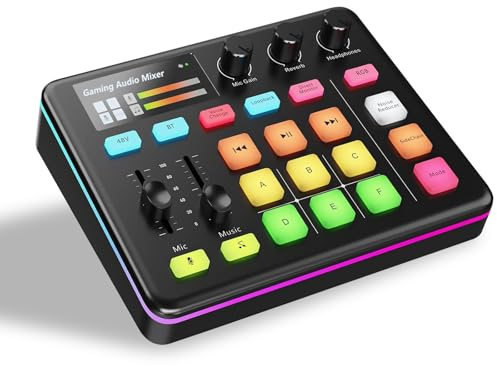 Gaming Audio Mixer, RGB Soundkarte für XLR Mikrofon, Audio Interface für Streaming, 48V Phantom Power, Mischpult für Live-Streaming, Podcasting, Gaming, Individuelle Steuerung, Voice Changer