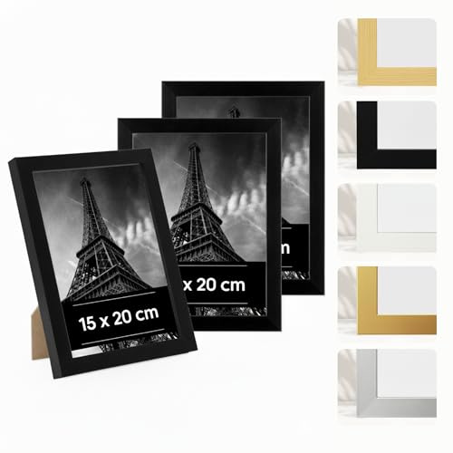 Estancia 3er-Pack Schwarze Bilderrahmen aus Kunststoff, 15x20 cm – 15 x 20 cm Rahmen mit Bruchsicherem Acrylglas – Moderner Fotorahmen für Wände und Tische