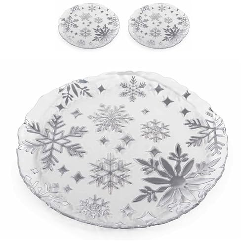 Gruppo Maruccia - Piatti Tondi Vetro Trasparente Decoro Fiocco Di Neve Argentato Set 2 Pezzi Ø32,5 Cm Tavola Natalizia
