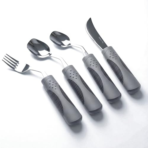 Curavita Cubiertos Adaptados con Peso – Para Temblor de Manos y Párkinson, Cuchillo Basculante 42°y Cuchara Profunda (Gris, Diestro)