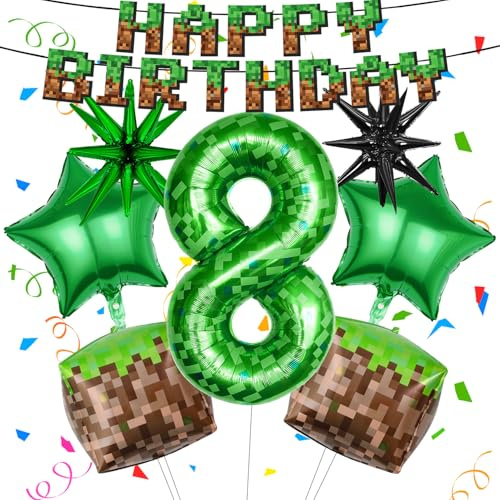 Ezydka Pixel Deko Födelsedag, Pixel Födelsedagsdekoration Party Deko Ballonger | med folieballong, Happy Birthday-banderoll för pojkar, festdekorationer, födelsedagsdekoration (8)