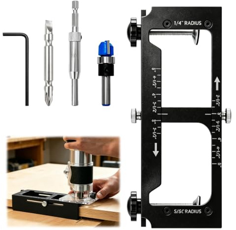 Lnopever Door Hinge Jig Kit for Router, Black Aluminum Alloy Adjustable Mortise Template Tool with Built-in Depth Gauge, Hinge Installation Set Fits 1/4 and 5/8 Radius, with Router Bit & Drill Bits
