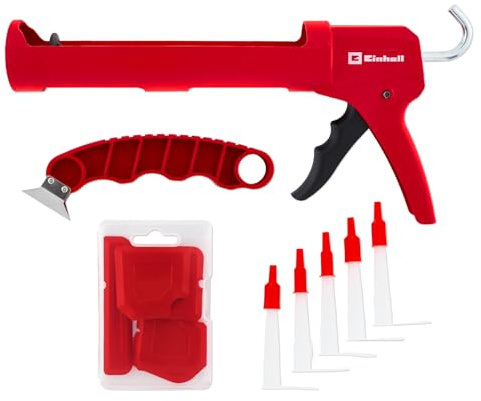 Einhell set pistola per cartucce Basic, 12 pezzi (pistola, raschietto inox, 5 lisciagiunti con 20 angoli, 5 tappi cartucce, scatola)