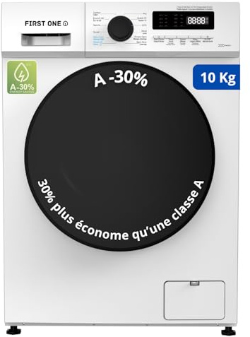 Lave-linge frontal FIRST ONE FLL101400WH - 10 Kg - 1400 tr/mn - 16 programmes - Eco - Intensif - Rapide – Très Faible conso - Classe A-30%