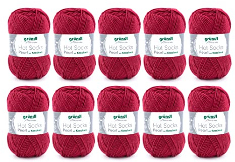 Gründl Hot Socks Pearl uni Strickwolle 10 x 50 g, Kirsche | kuschelig weiche Sockenwolle aus 75 % Merinowolle 20 % Polyamid, 5 % Kaschmir, 50 g / 200 m, Nadelstärke: 2,5 - 3, 50 g