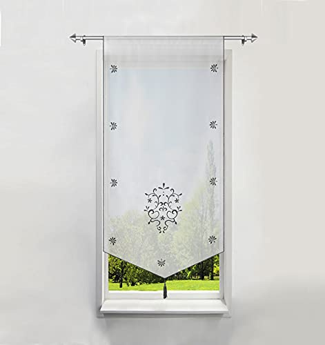 1er-Pack Bildergardine mit Stickerei Raffrollo Voile Transparent Vorhang (BxH 80x160cm, Grau)