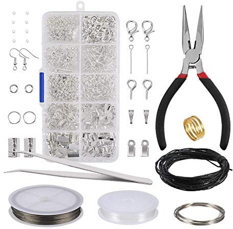 byou Schmuckherstellung Set,Schmuck Basteln Zubehör 912 teiliges Silber Zubehör im Kunststoff-Box Enthält Zange Pinzette Silber Zubehör und Draht zum Schmuck Reparatur Herstellung DIY Bastelbedarf