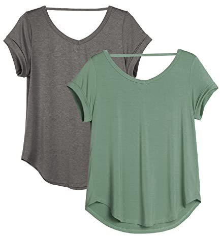 icyzone Damen Rückenfrei Yoga T-Shirt Kurzarm Sport Freizeit Tops Lose V-Ausschnitt Shirt, 2er Pack (M, Dunkelgrau/Grau-grün)
