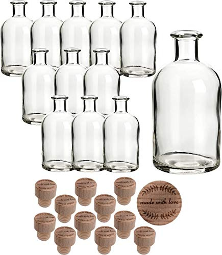 gouveo 12er Set Glasflasche 250 ml Apotheker mit Korken (HGK) Made with Love I - Leere Flasche zum Befüllen - Apothekerflasche mit Gravur-Korken für Likör, Öl