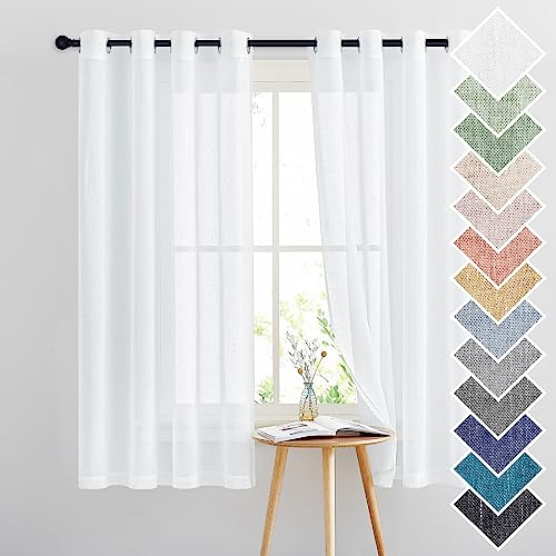 PONY DANCE Vorhang Leinenoptik Halbtransparent Weiße Gardinen Wohnzimmer | 2er Set, H160 x B140 cm, Luftig, Lichtdurchlässig, Sichtschutz, Ösenschal, Kurz, für Schlafzimmer Kinderzimmer Esszimmer