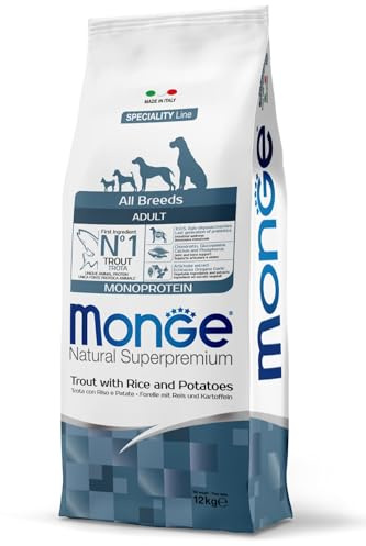 Monge Natural Superpremium ADULT TROTA, RISO E PATATE, cibo per cani per tutte le razze (cibo secco per cani con trota, riso e patate, molto ricco di fibre e vitamine, 12 kg)