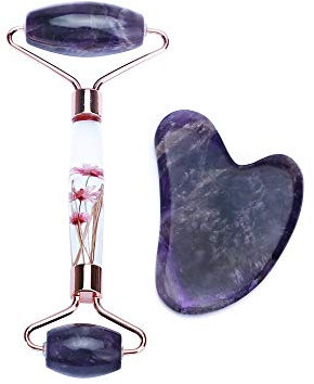Natürlicher Jade Jade Roller & Gua Sha, Gesichtsroller, Facial Beauty Roller Hautpflege-Tools, echtes Blumengriff-Rosenquarz-Massagegerät für Gesicht, Augen, Hals, Körpermuskelentspannung
