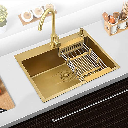 HomeLava Évier Cuisine 1 Bac Or 60 x 45 cm avec siphon évier robinet mitigeur distributeur de savon